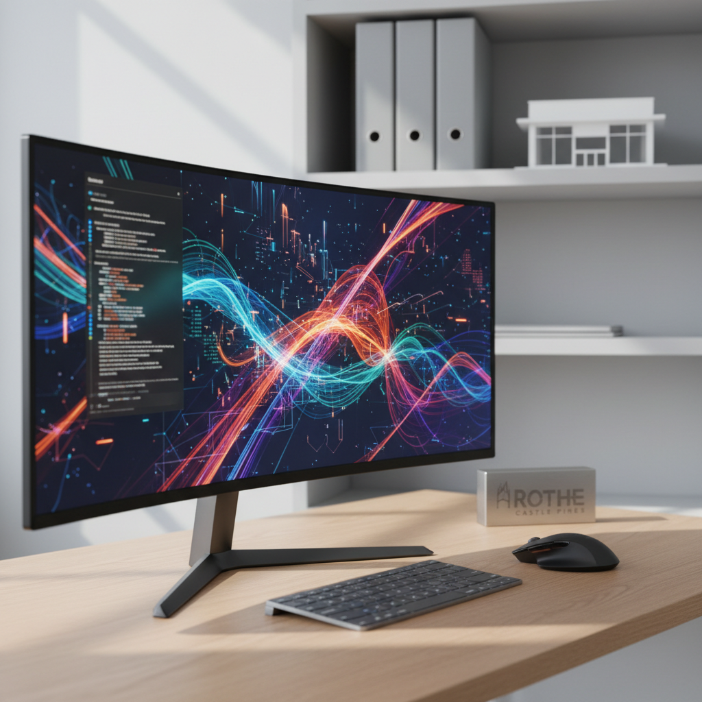 A contemporary workspace that subtly showcases Rothe Companies Ltd.’s software capability, with a large ultra-wide monitor displaying abstract, colorful data visualizations and flowing code-like patterns, deliberately non-legible. The monitor sits on a light oak desk with a slim keyboard, a matte-black mouse, and a small plaque-like block hinting at the company name and Castle Pines location through abstract engraving. Behind, a minimal shelving unit holds neatly arranged binders and a single small model of a retail storefront. Soft, diffused daylight from the left casts understated shadows, creating a focused yet comfortable mood. Photographic realism, clean composition using the rule of thirds, shallow depth of field with the screen in crisp focus and background gently blurred.