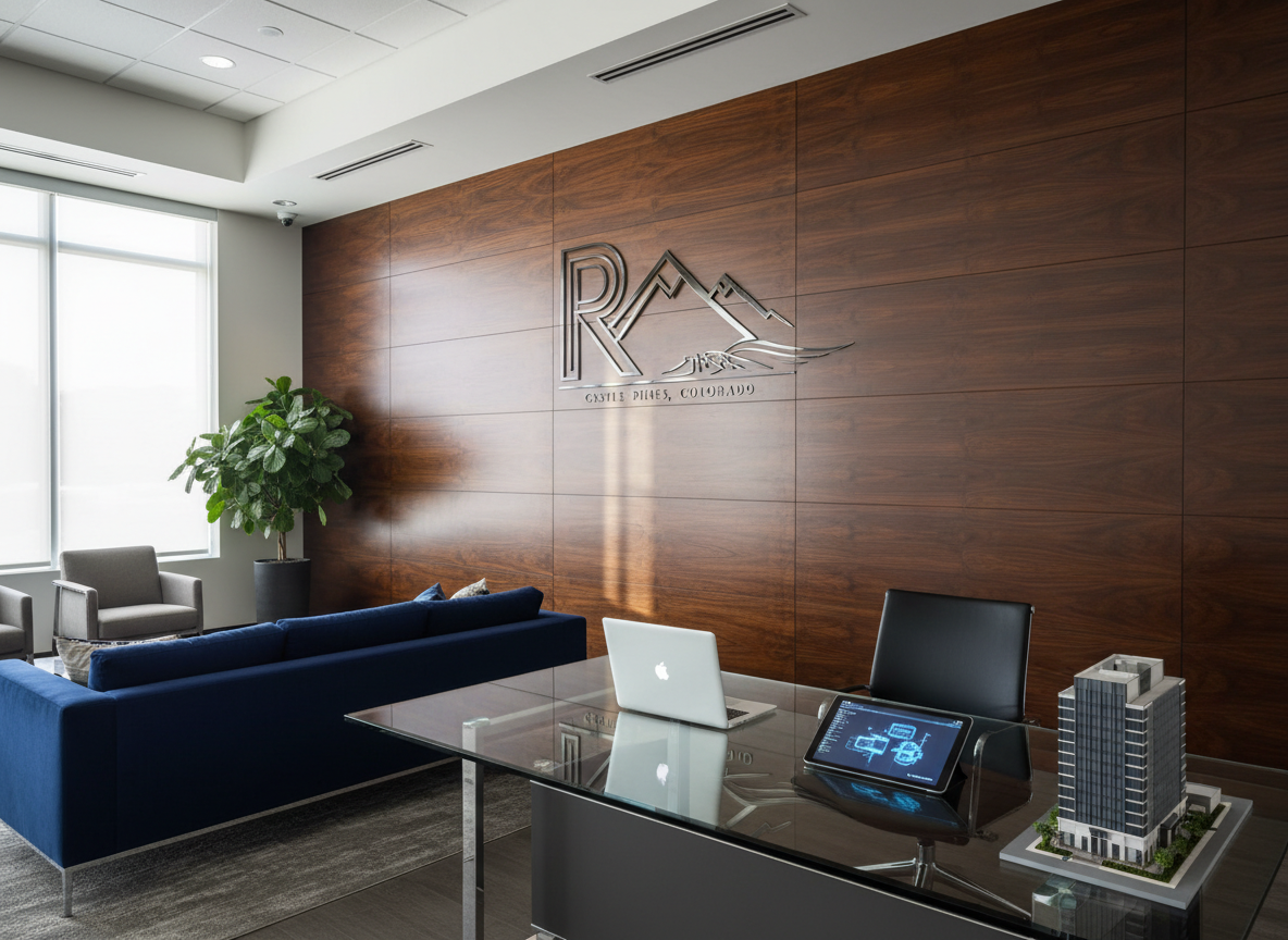 A polished, modern office reception area representing Rothe Companies Ltd., featuring a sleek dark-wood wall with a subtle, abstract metallic emblem suggesting the company name and “Castle Pines, Colorado” without readable text. In the foreground, a glass-topped desk holds a closed laptop, a slim tablet showing abstract software diagrams, and a small architectural model of a commercial building. Soft, even daylight from tall unseen windows creates gentle reflections on the glass and metal surfaces, emphasizing clarity and professionalism. The atmosphere is calm and uncluttered, with neutral grays, deep blues, and warm wood tones. Photographic realism, shot at eye level with a wide lens, sharp focus throughout, presenting a clean, corporate, trustworthy look.