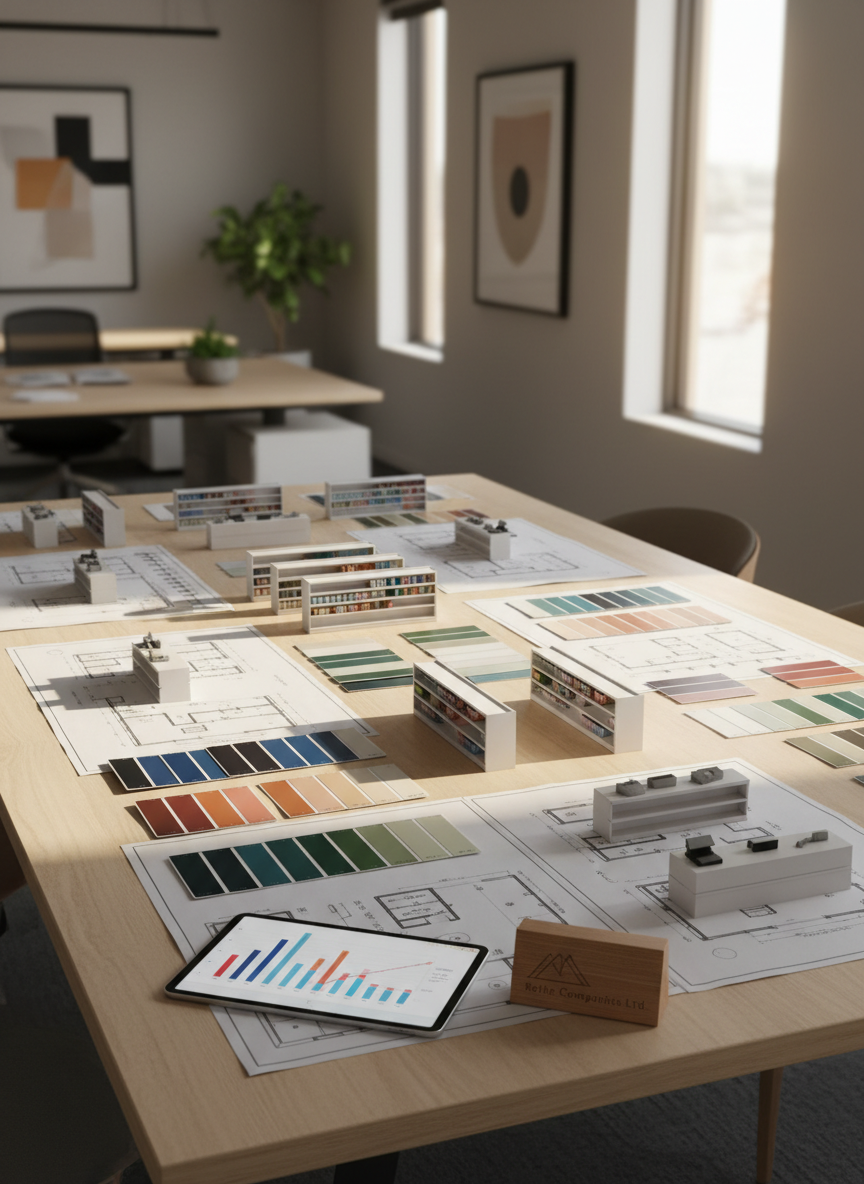 A bright, organized retail planning environment illustrating Rothe Companies Ltd.’s retail activity, featuring a large tabletop covered with neatly arranged store layout blueprints, color sample cards, and small 3D models of aisles and shelving. At the table’s edge, a slim tablet shows abstract sales charts, while a small, tasteful desk block suggests the company name and Castle Pines, Colorado through non-readable etched lines. Sunlight pours in from a high window to the right, creating warm highlights on the paper and subtle shadows across the models. The mood is strategic and professional, with muted colors and a few accent tones. Photographic realism, slightly elevated camera angle, sharp focus on the table surface and a soft, unobtrusive office background.